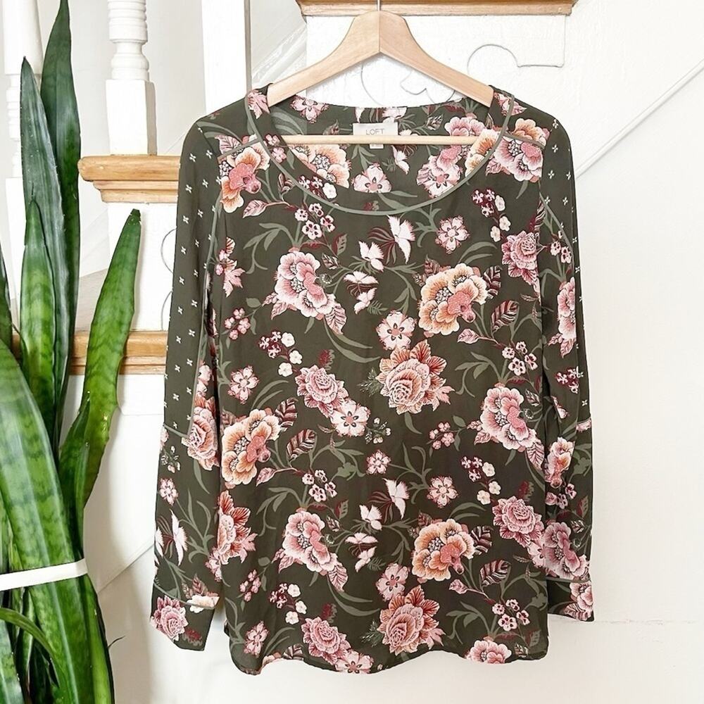 LOFT Outlet Green Floral Print Long Sleeve Round Neck Polyester Blouse Size XS